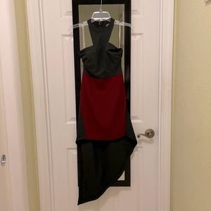 Black and burgundy dress. High front, low back